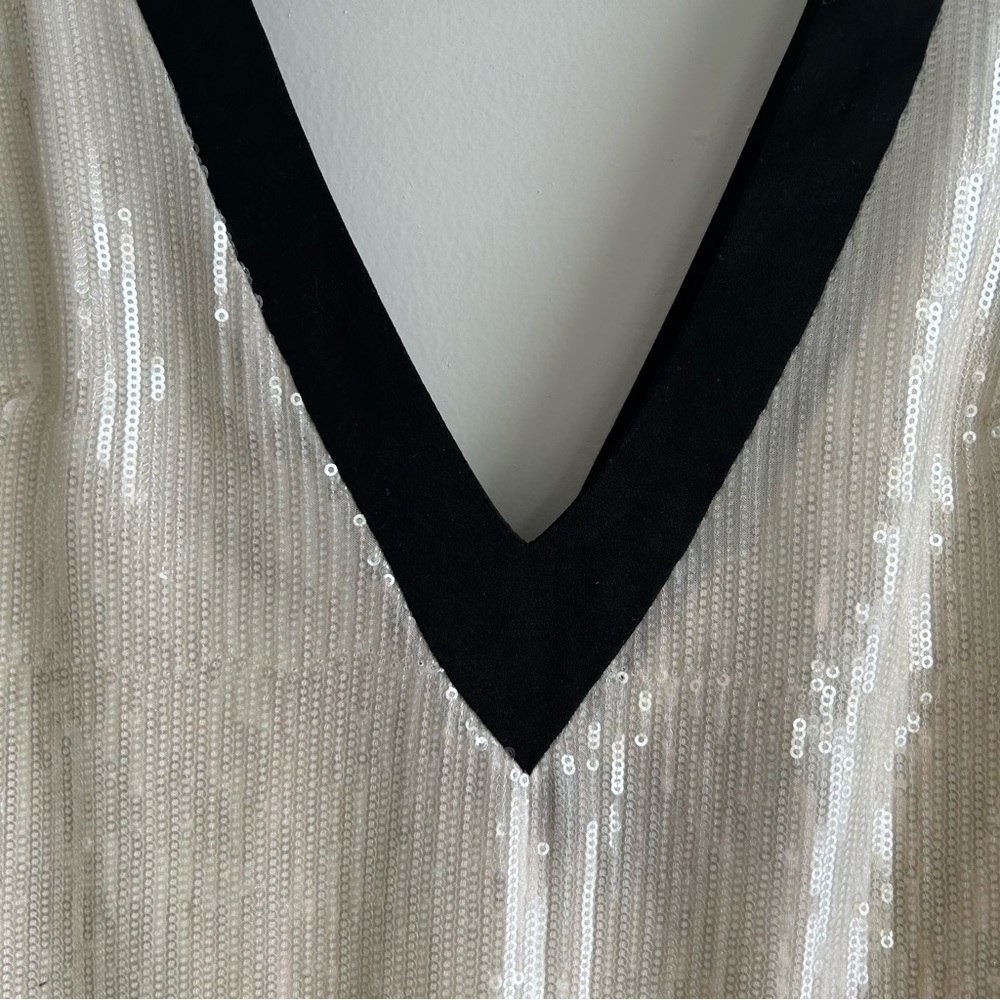 Blue Blush White Sequin Mini Dress with Black Trim - Picture 5 of 6